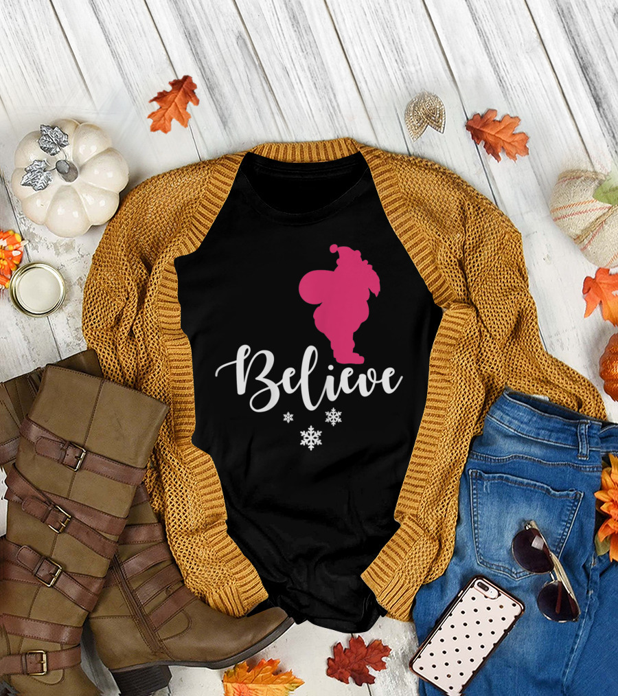 Believe Santa Silhouette with Snowflakes Christmas Party T-Shirt