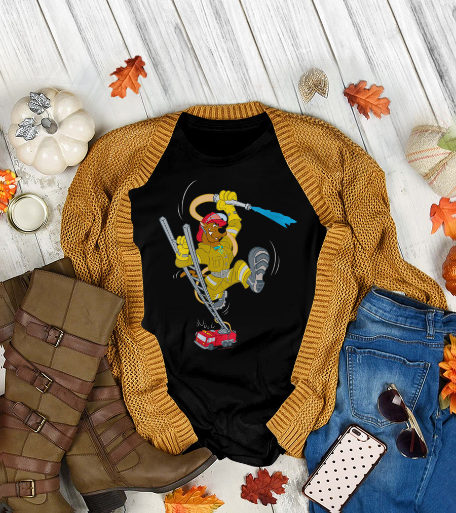 Scoobydoo Firefighter Cartoon with Fire Truck and Hose T-Shirt