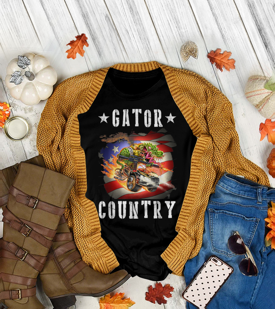 GATOR COUNTRY USA Flag Alligator with Gun Car Flames T-Shirt