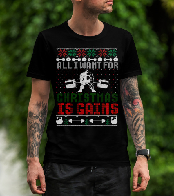 ALL I WANT FOR CHRISTMAS IS GAINS Barbell Snowflakes Kettlebell Christmas Tree T-Shirt
