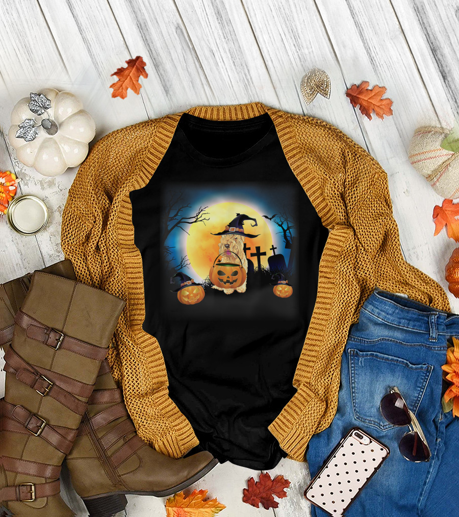 Funny Soft Coated Wheaten Terrier Halloween Witch Moon Pumpkin Scene T-Shirt