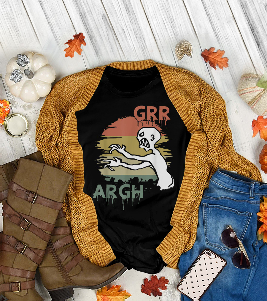 Mutant Enemy Zombie Grr Argh Monster with Retro Sunset Background T-Shirt