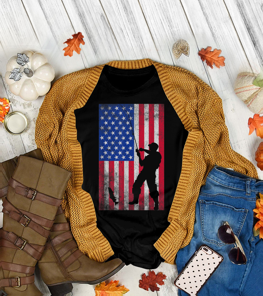 Fishing with American Flag 4th Of July T-Shirt
