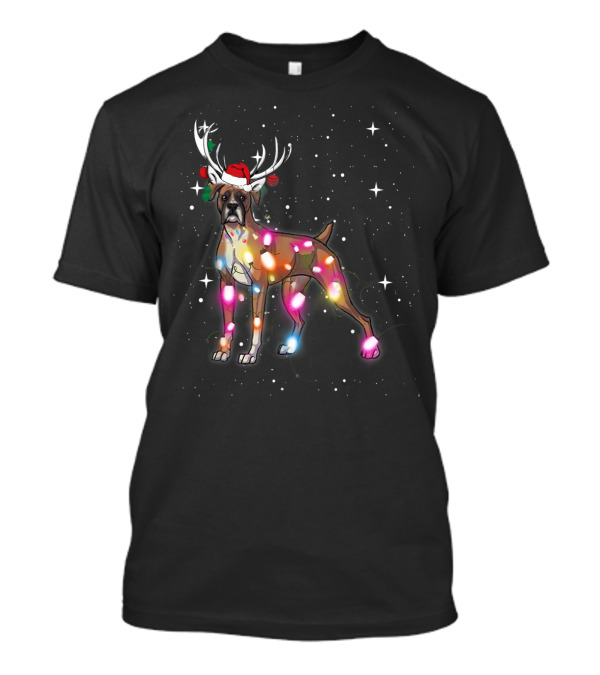 Boxer Dog Christmas Lights Antlers Santa Hat T-Shirt