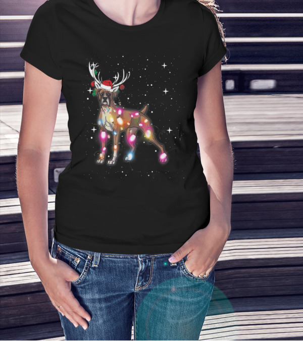 Boxer Dog Christmas Lights Antlers Santa Hat T-Shirt