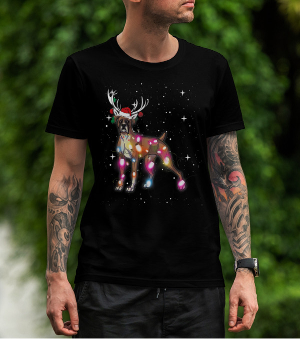 Boxer Dog Christmas Lights Antlers Santa Hat T-Shirt