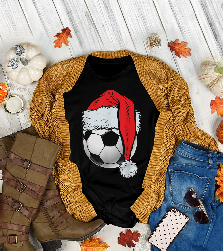 Santa Hat Soccer Ball Christmas T-Shirt