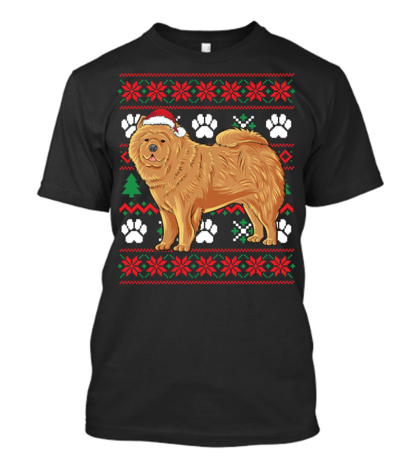 Chow Chow Santa Hat Ugly Christmas With Paw Prints And Snowflakes T-Shirt