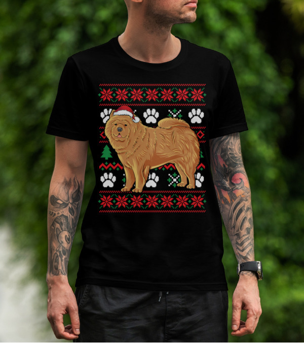 Chow Chow Santa Hat Ugly Christmas With Paw Prints And Snowflakes T-Shirt