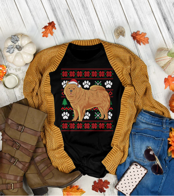 Chow Chow Santa Hat Ugly Christmas With Paw Prints And Snowflakes T-Shirt