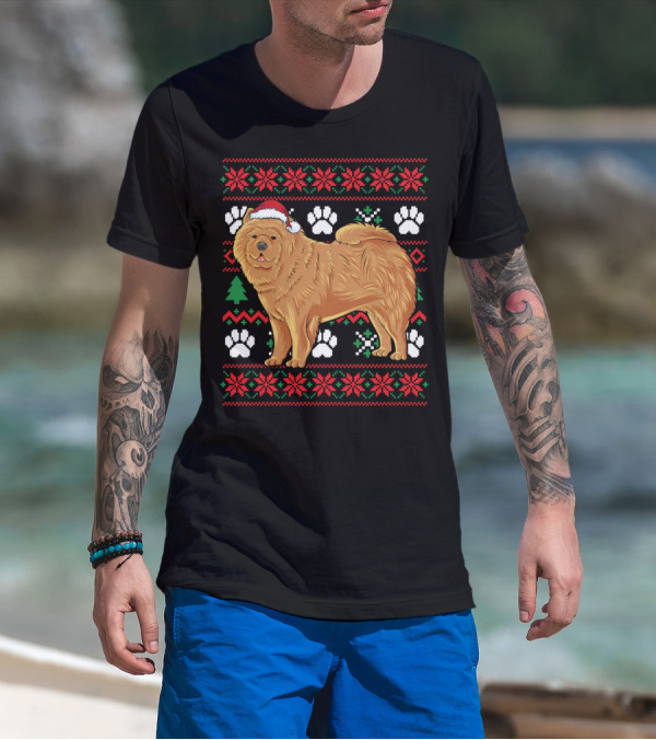 Chow Chow Santa Hat Ugly Christmas With Paw Prints And Snowflakes T-Shirt