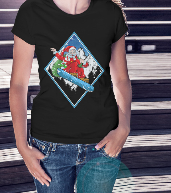 Christmas Santa Snowboarding Adventure In Winter Mountains T-Shirt