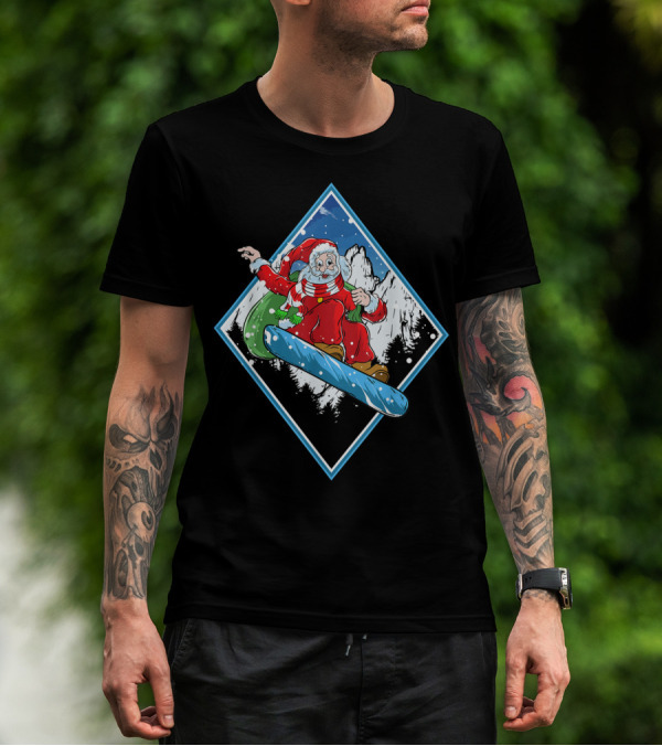 Christmas Santa Snowboarding Adventure In Winter Mountains T-Shirt