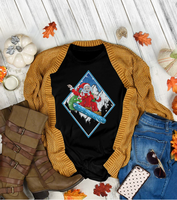 Christmas Santa Snowboarding Adventure In Winter Mountains T-Shirt