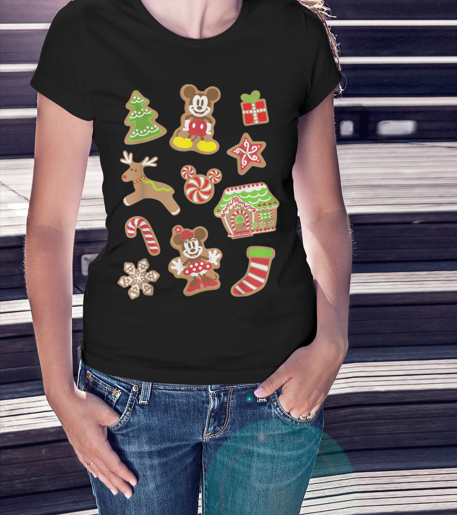 Disney Mickey And Minnie Christmas Gingerbread Cookies Holiday Tree Reindeer Candy Cane House Stocking T-Shirt