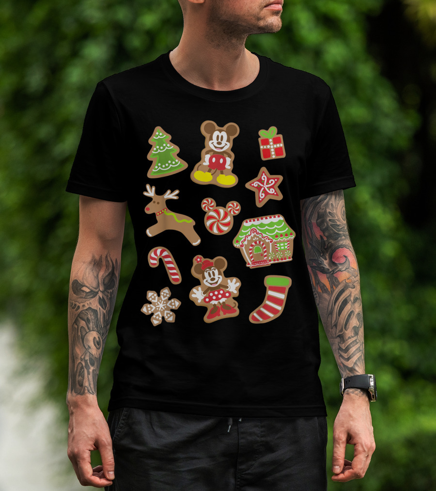 Disney Mickey And Minnie Christmas Gingerbread Cookies Holiday Tree Reindeer Candy Cane House Stocking T-Shirt