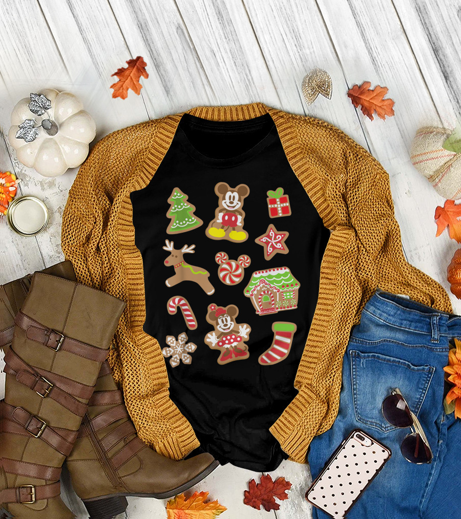 Disney Mickey And Minnie Christmas Gingerbread Cookies Holiday Tree Reindeer Candy Cane House Stocking T-Shirt