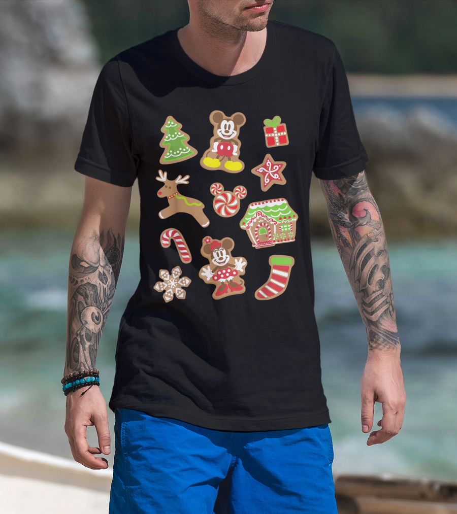 Disney Mickey And Minnie Christmas Gingerbread Cookies Holiday Tree Reindeer Candy Cane House Stocking T-Shirt