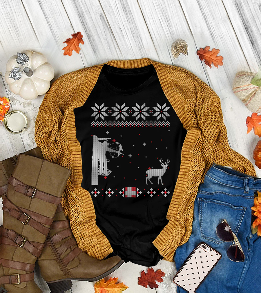 Bow Hunter Ugly Christmas Sweater Deer Crossbow Snowflake T-Shirt
