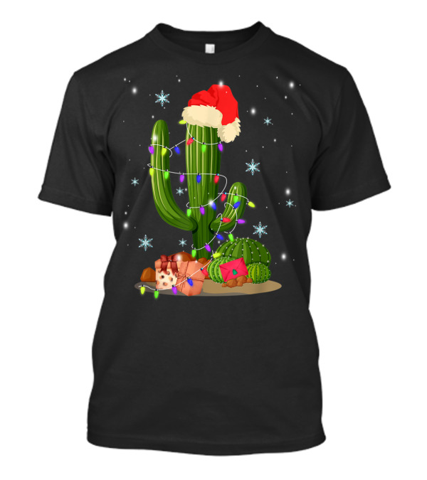 Christmas Lights Cactus Lover Funny Xmas Santa Hat Snowflakes T-Shirt