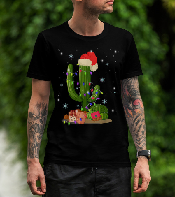Christmas Lights Cactus Lover Funny Xmas Santa Hat Snowflakes T-Shirt