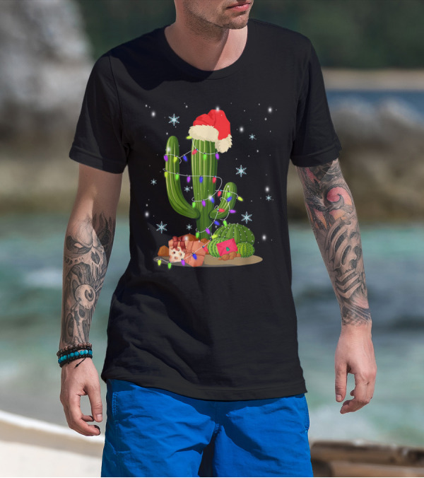 Christmas Lights Cactus Lover Funny Xmas Santa Hat Snowflakes T-Shirt