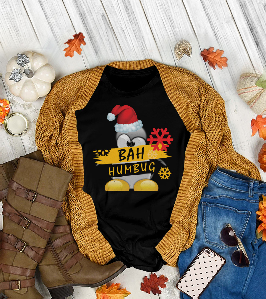 Bah Humbug Penguin in Santa Hat with Colorful Snowflakes T-Shirt