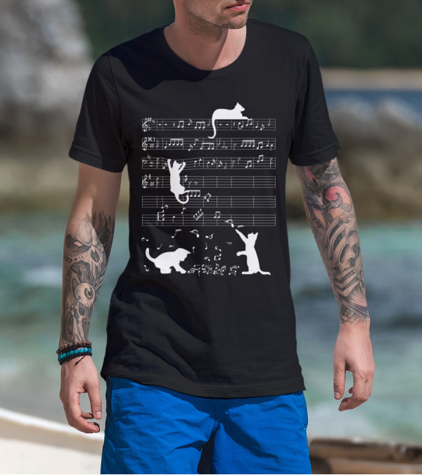 Cute Cat Kitty Playing Music Notes Clef Melody T-Shirt