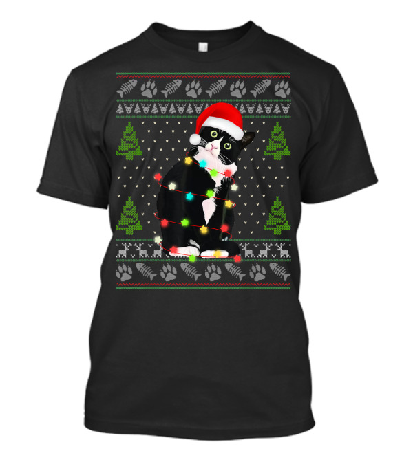 Funny Black Cat Kitten Wrapped In Christmas Lights With Santa Hat And Holiday Trees T-Shirt