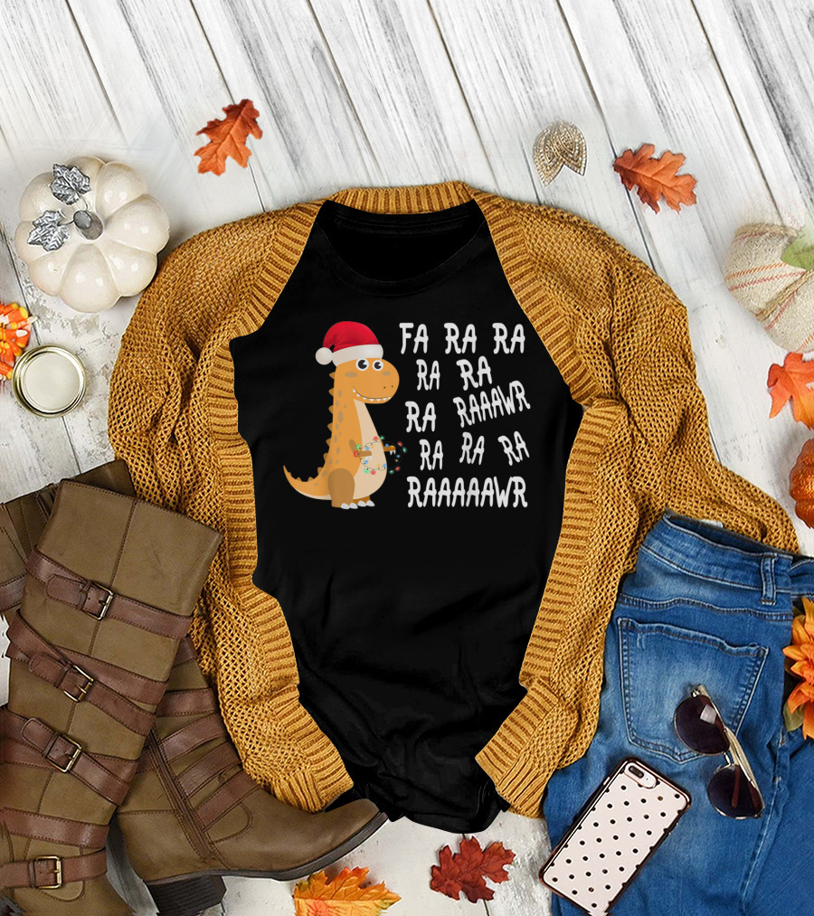 Fa Ra Ra Ra Dinosaur with Santa Hat and Lights Raaawr T-Shirt