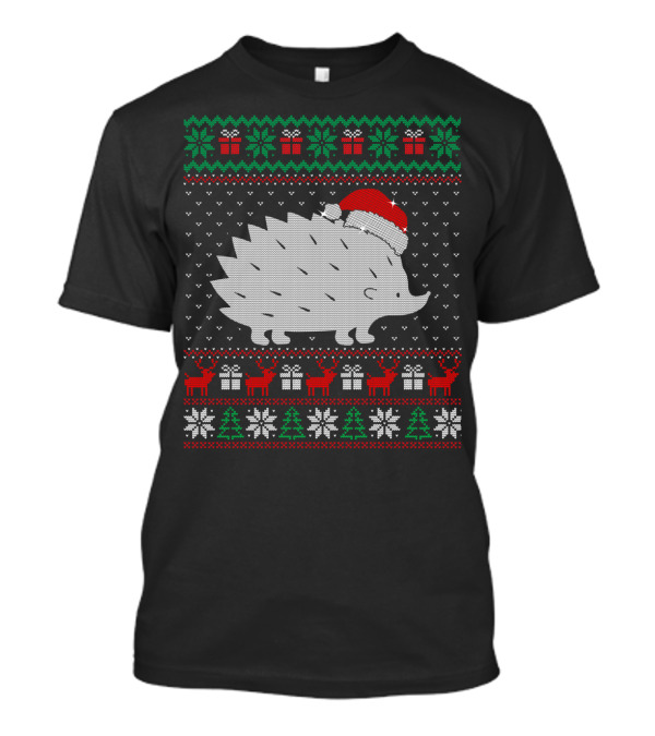 Hedgehog Wearing Santa Hat Ugly Christmas Sweater With Reindeer Presents Snowflakes T-Shirt