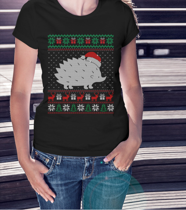 Hedgehog Wearing Santa Hat Ugly Christmas Sweater With Reindeer Presents Snowflakes T-Shirt