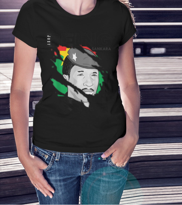 Just Being Thomas Sankara Wearing Star Beret With Burkina Faso Flag In Background T-Shirt