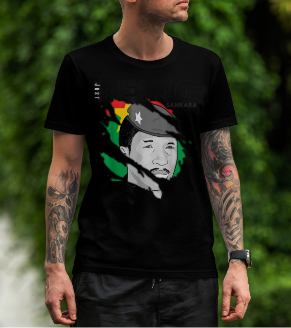 Just Being Thomas Sankara Wearing Star Beret With Burkina Faso Flag In Background T-Shirt
