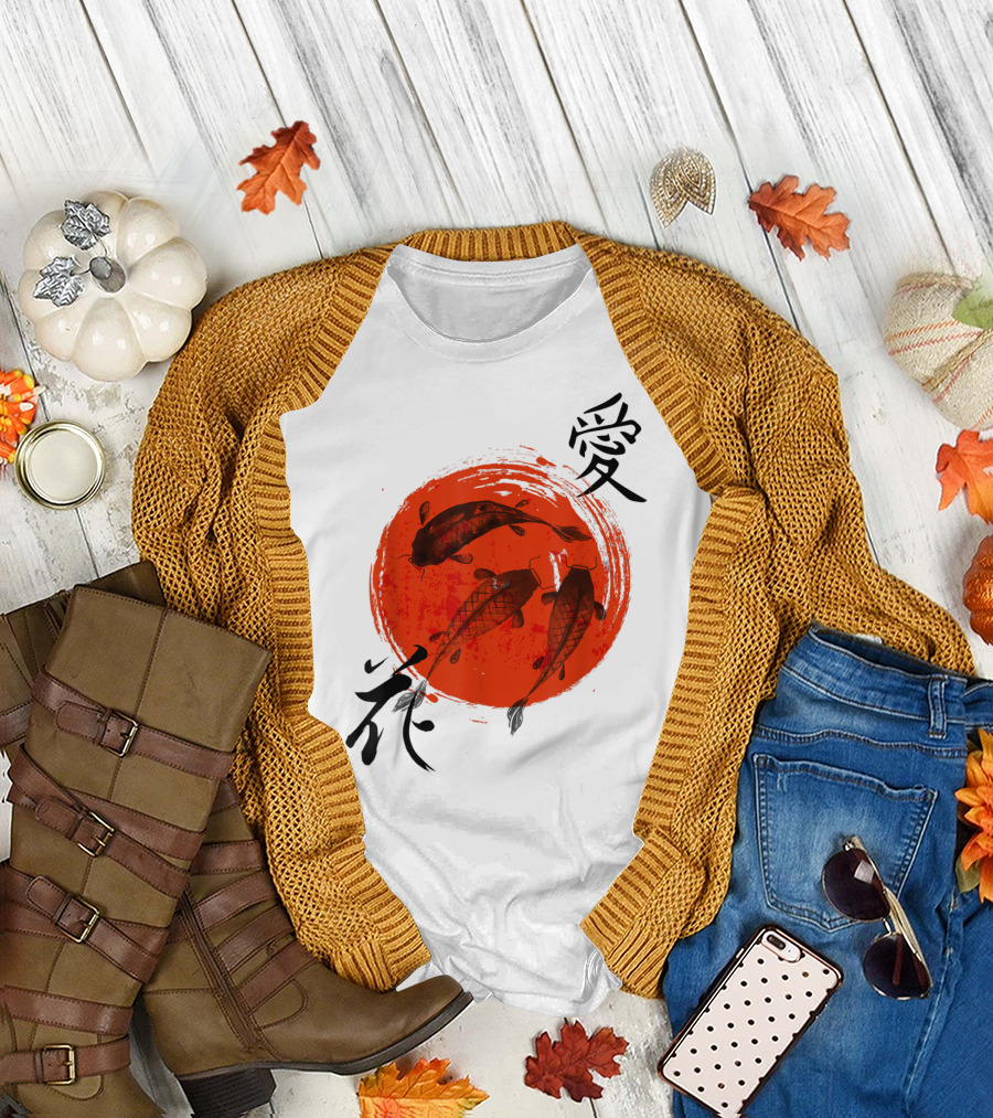 Koi Fish Butterfly Nishikigoi Japanese Love Flower Symbol Moon T-Shirt