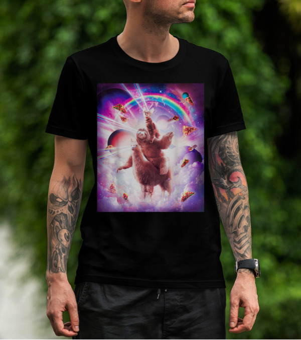 Laser Eyes Space Cat Pizza Rainbow Universe Sloth Riding Llama Adventure T-Shirt