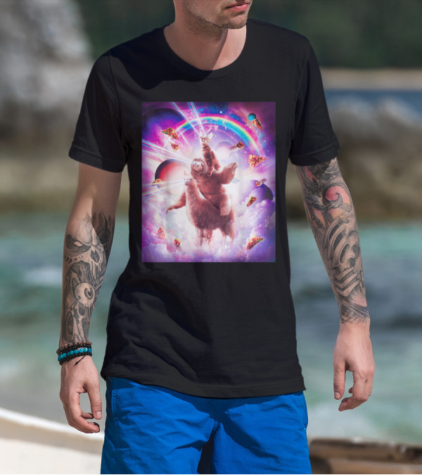 Laser Eyes Space Cat Pizza Rainbow Universe Sloth Riding Llama Adventure T-Shirt