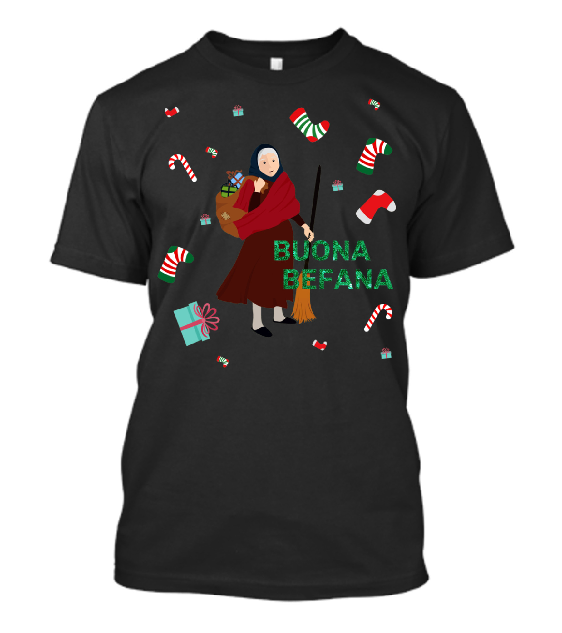 Buona Befana Witch With Broom And Candy Canes Ugly Christmas T-Shirt
