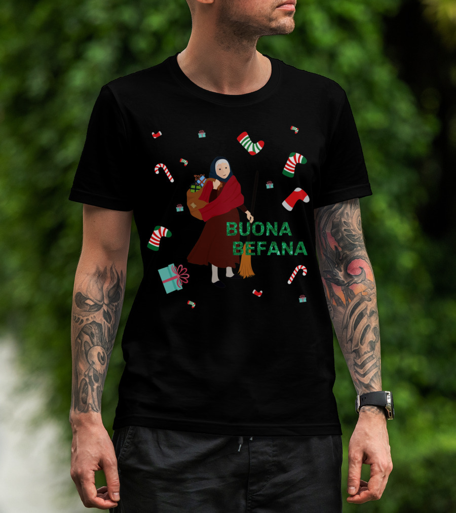 Buona Befana Witch With Broom And Candy Canes Ugly Christmas T-Shirt