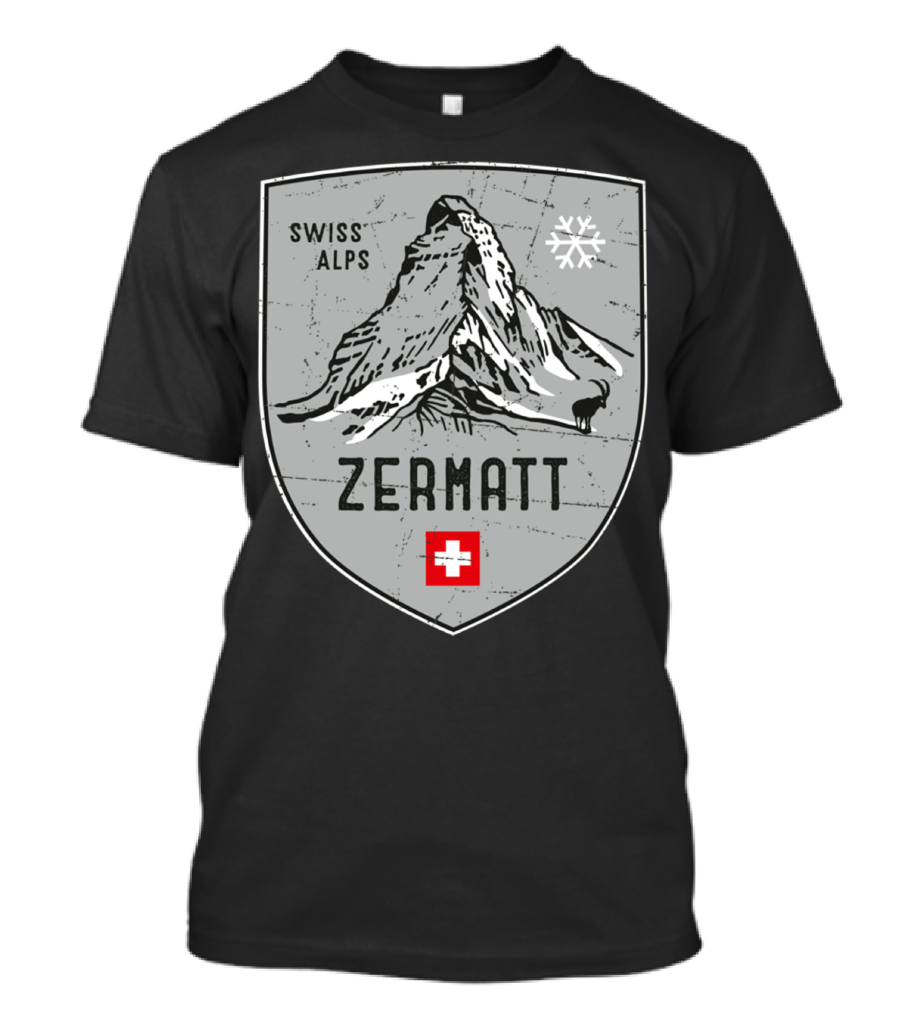 Zermatt Swiss Alps Matterhorn Emblem With Snowflake And Red Cross Badge T-Shirt