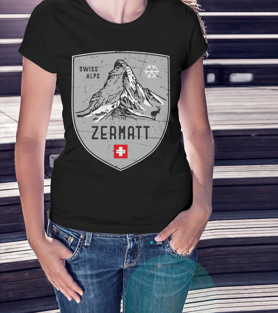 Zermatt Swiss Alps Matterhorn Emblem With Snowflake And Red Cross Badge T-Shirt