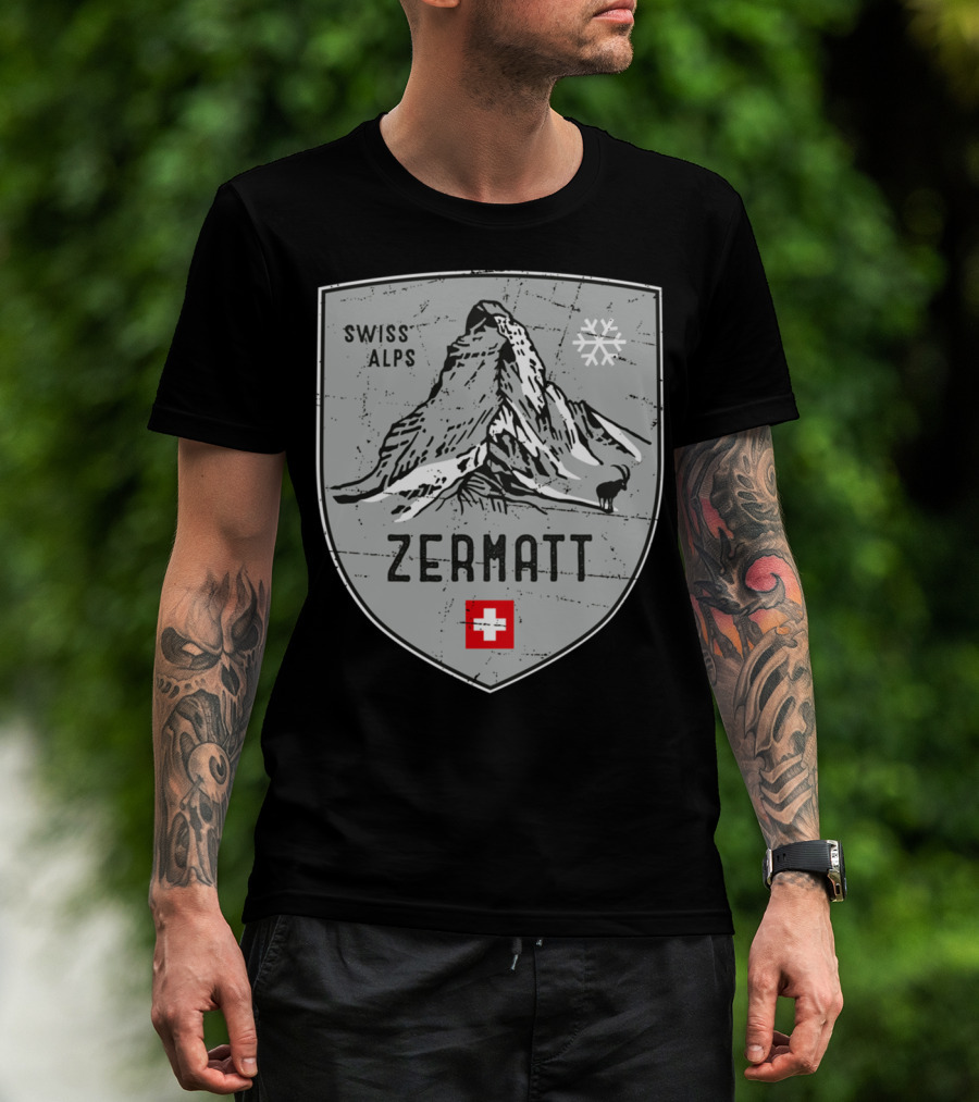 Zermatt Swiss Alps Matterhorn Emblem With Snowflake And Red Cross Badge T-Shirt