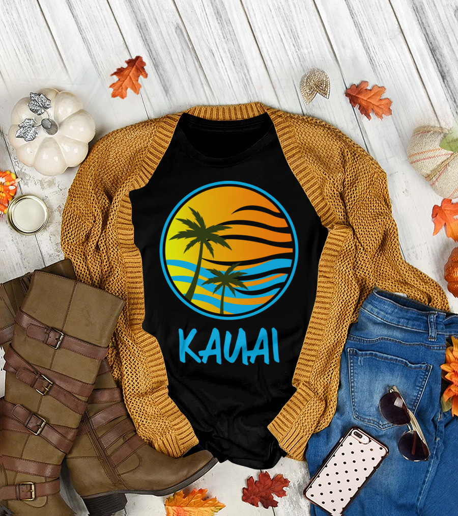 Kauai Vintage Stylish Island Palms with Sunset Waves T-Shirt
