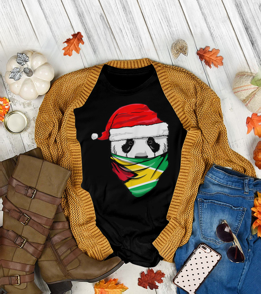 Panda with Santa Hat and Guyana Flag Bandana T-Shirt