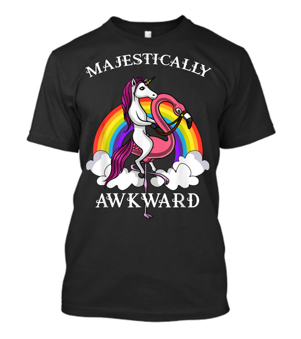 Majestically Awkward Unicorn Riding Flamingo Rainbow Clouds T-Shirt