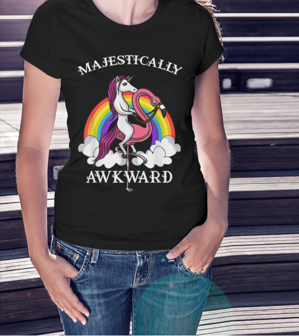 Majestically Awkward Unicorn Riding Flamingo Rainbow Clouds T-Shirt
