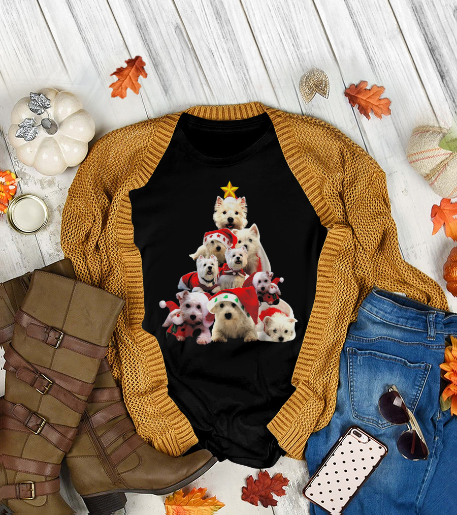 Westie Christmas Tree with Cute West Highland White Terriers in Festive Hats T-Shirt