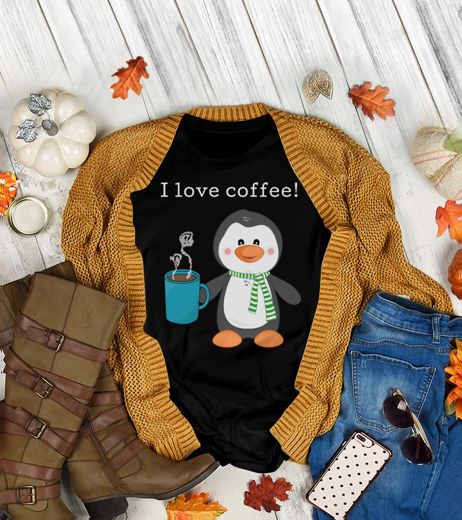 I Love Coffee Drinking Penguin Holding Caffeine Mug T-Shirt