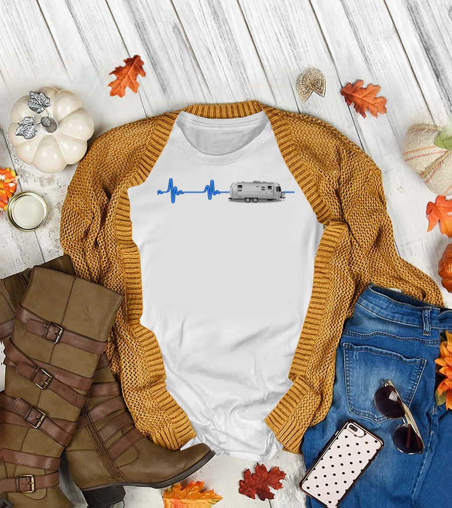 Airstream Camper with Blue Neon Heartbeat Line T-Shirt