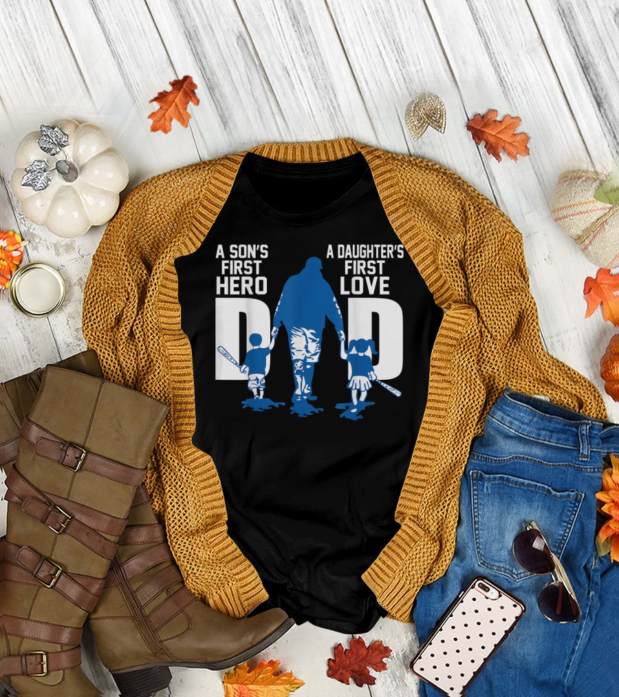 A Son's First Hero A Daughter's First Love Dad with Children Holding Baseball Bats T-Shirt